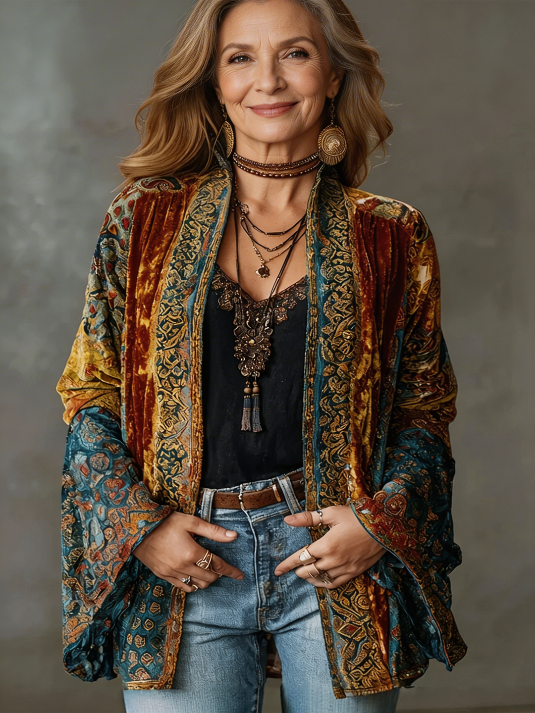 Women's Bohemian patterned long cardigan, flowing design, perfect for stylish layering.