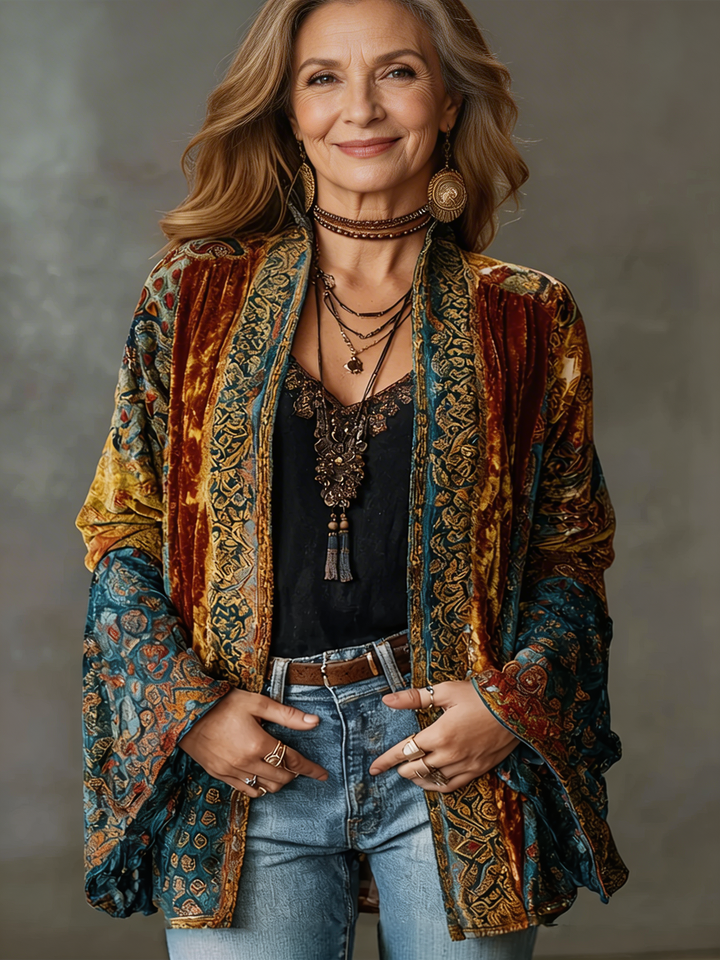 Women's Bohemian patterned long cardigan, flowing design, perfect for stylish layering.