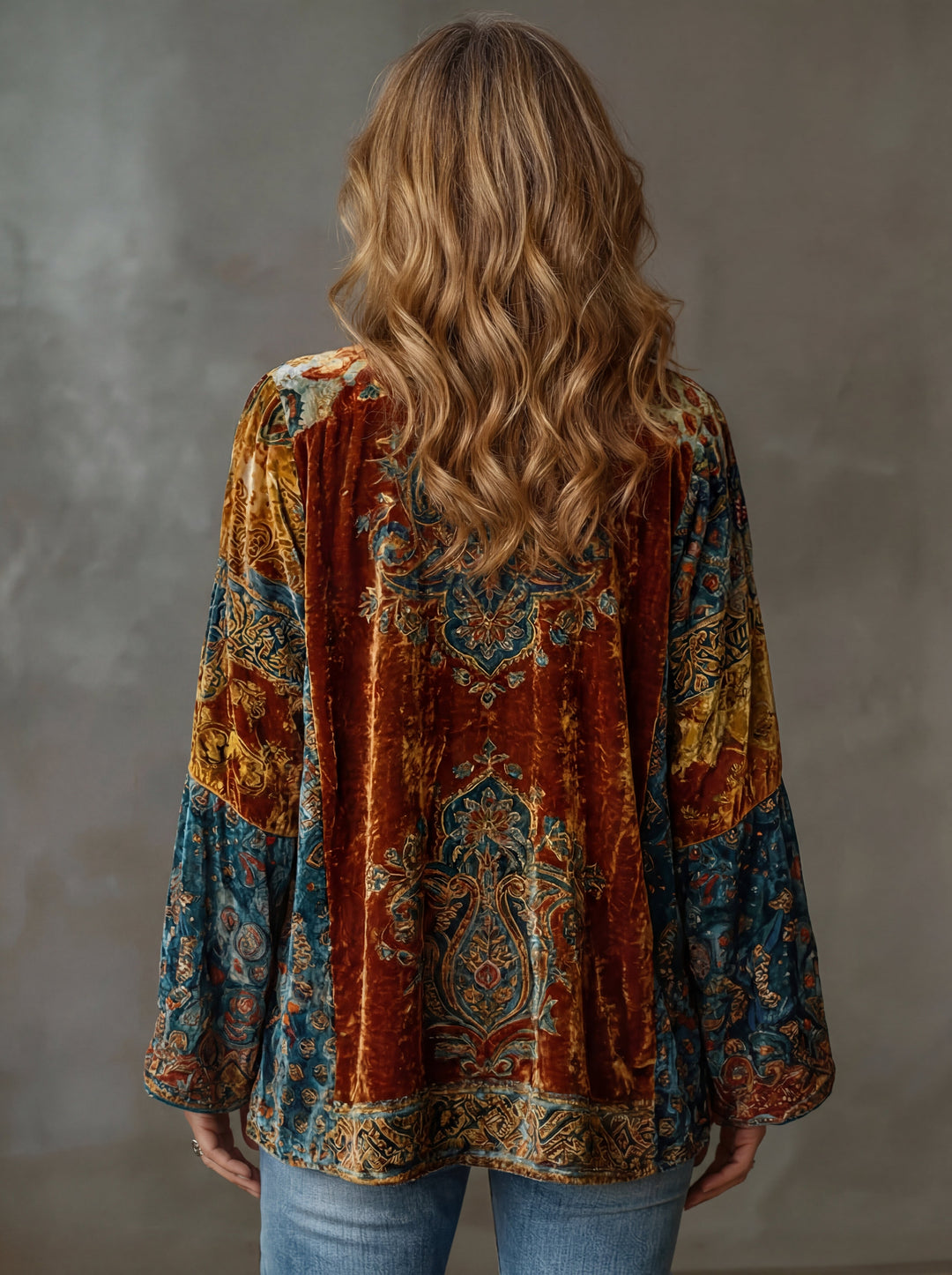 Flowing long Bohemian cardigan for women, featuring a unique artistic pattern for layering.