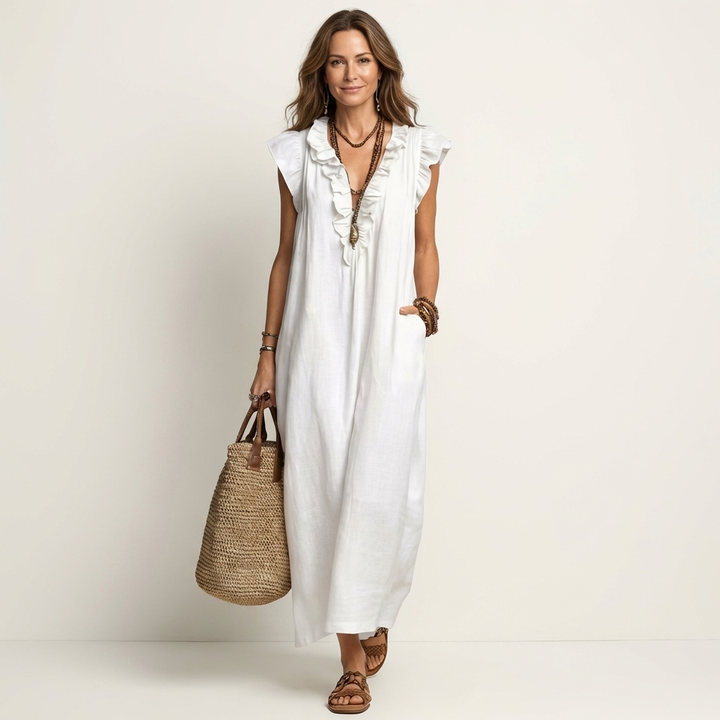 Chic women's elegant ruffle V-neck maxi dress, ideal holiday wear or stylish summer day dress.