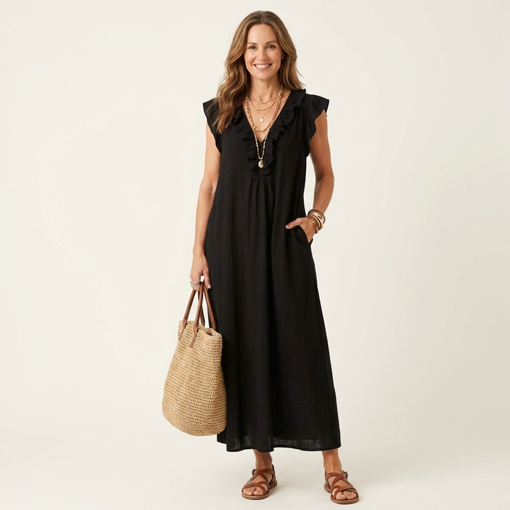 Elegant and relaxed fit women's maxi dress with V-neck & ruffles, perfect for summer holidays.