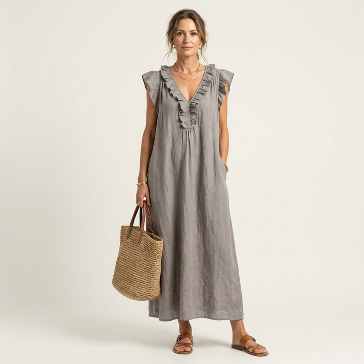 Elegant women's ruffle V-neck maxi dress, perfect for summer holidays & casual day wear.