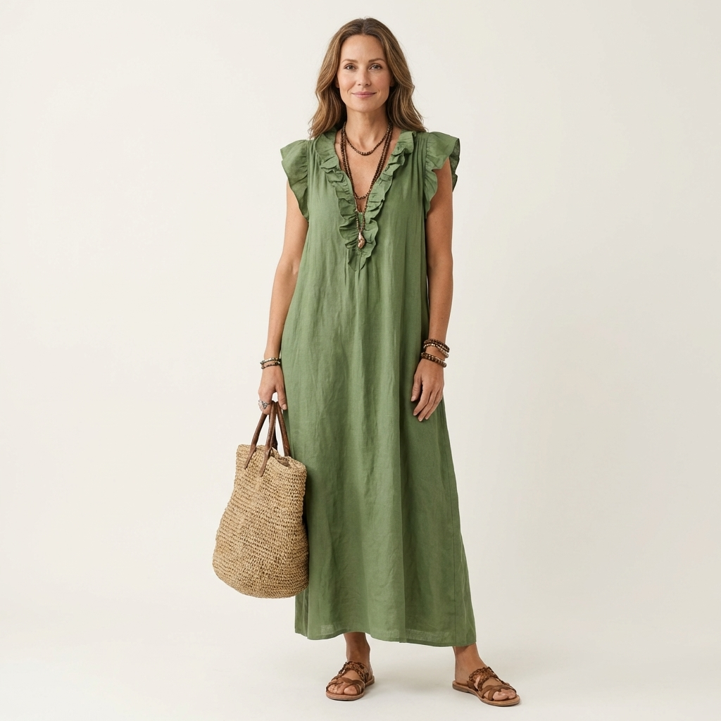 Stylish women's elegant maxi dress, a comfortable ruffle V-neck design for summer & casual days.