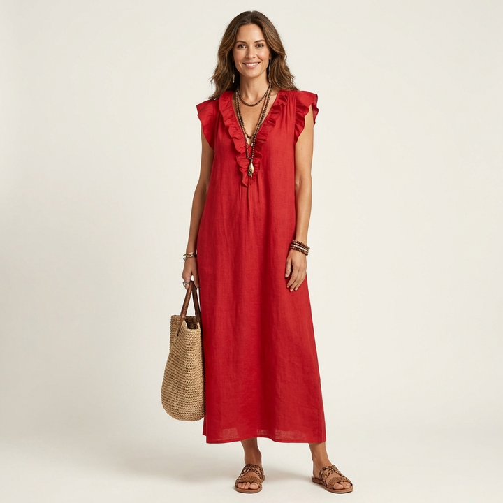 Chic women's V-neck maxi dress with ruffles, a versatile choice for elegant summer day wear.
