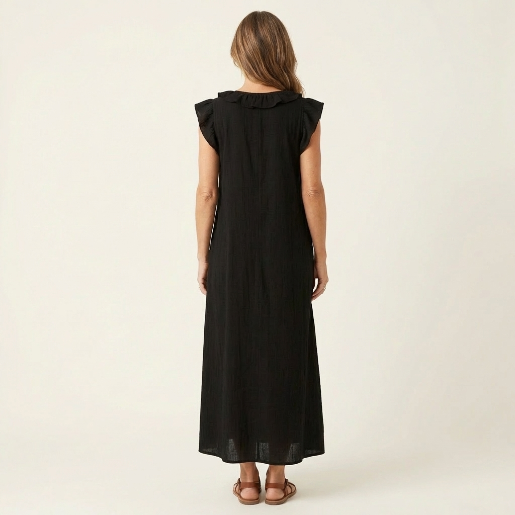 Flowy women's ruffle V-neck maxi dress, an elegant choice for casual summer and day outings.