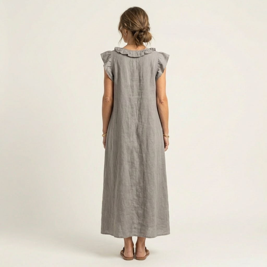 Relaxed fit women's elegant V-neck maxi dress with ruffles, ideal for summer and holiday.