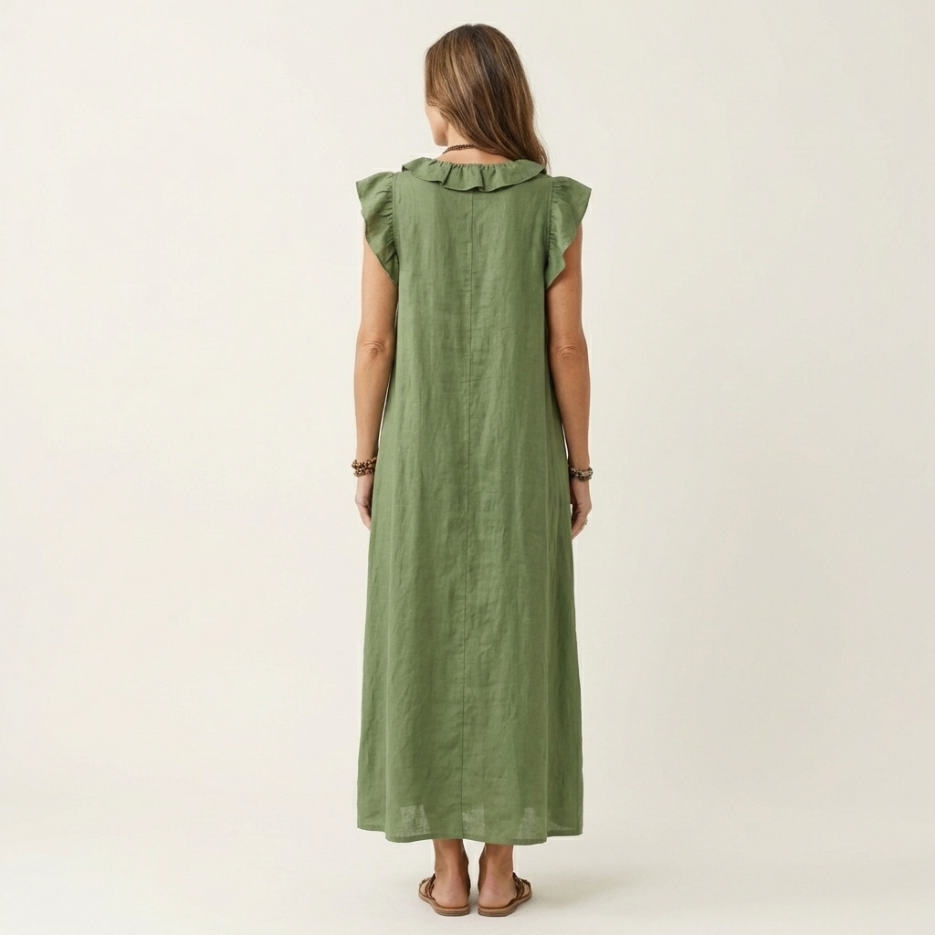 Comfortable elegant women's ruffle V-neck maxi dress, perfect for relaxed summer and holiday wear.