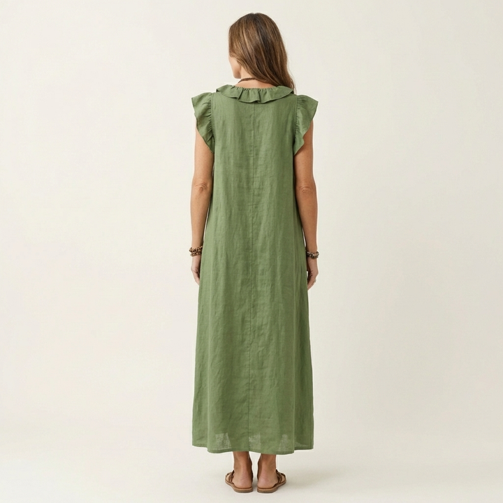 Comfortable elegant women's ruffle V-neck maxi dress, perfect for relaxed summer and holiday wear.