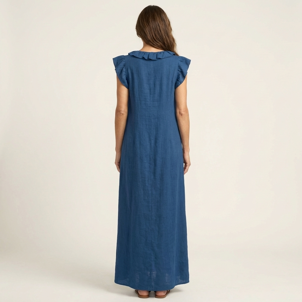 Versatile women's ruffle V-neck maxi dress, an elegant option for both casual & holiday outfits.