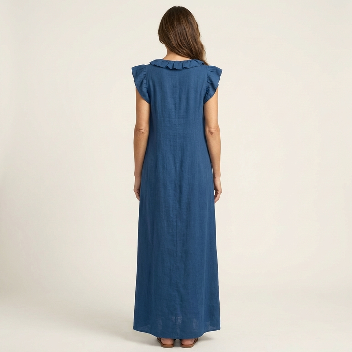 Versatile women's ruffle V-neck maxi dress, an elegant option for both casual & holiday outfits.