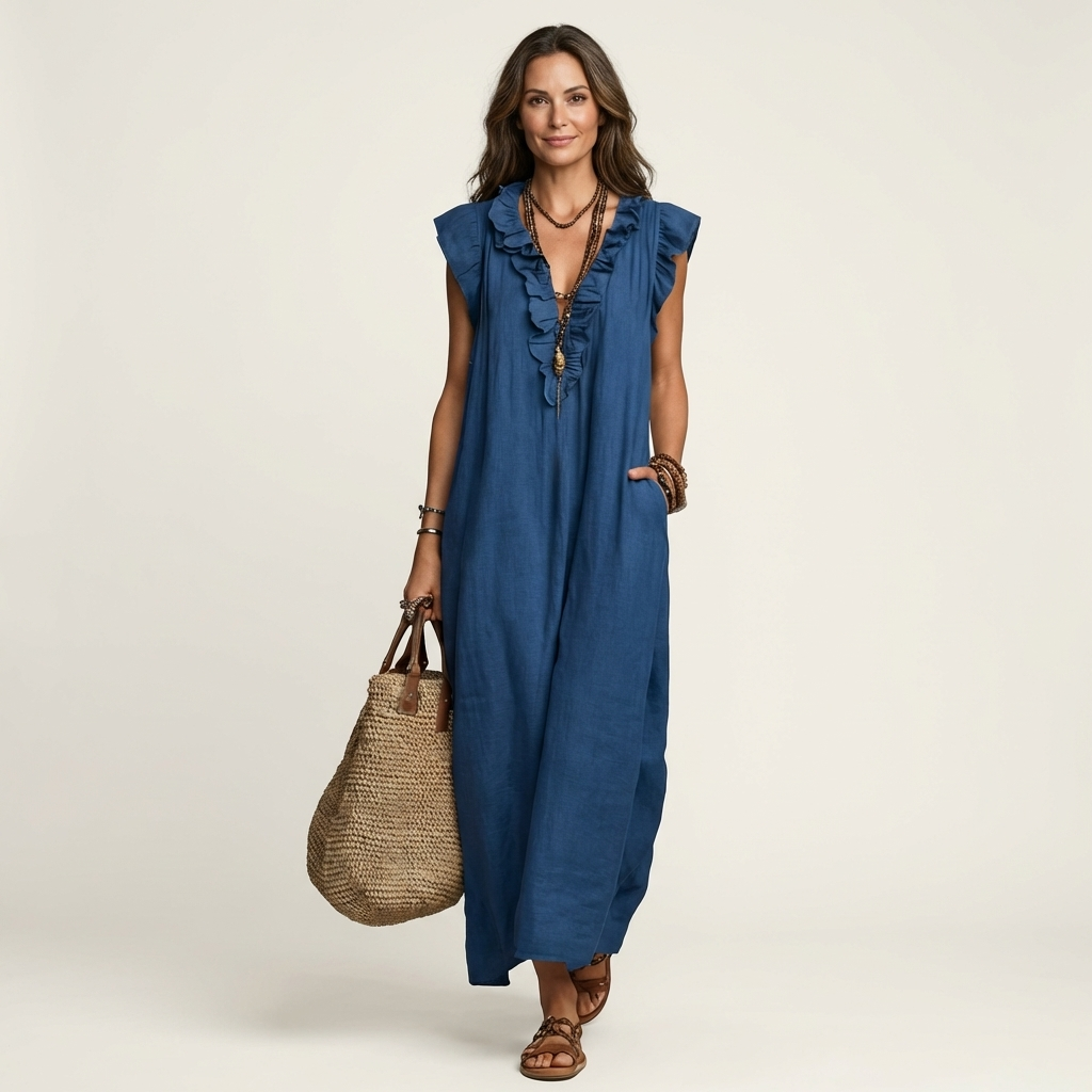 Beautiful women's summer maxi dress with elegant V-neck and ruffles, suitable for day wear.