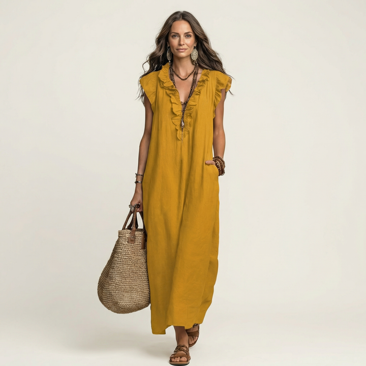 Simple yet elegant women's ruffle V-neck maxi dress for comfortable summer casual and holiday wear.