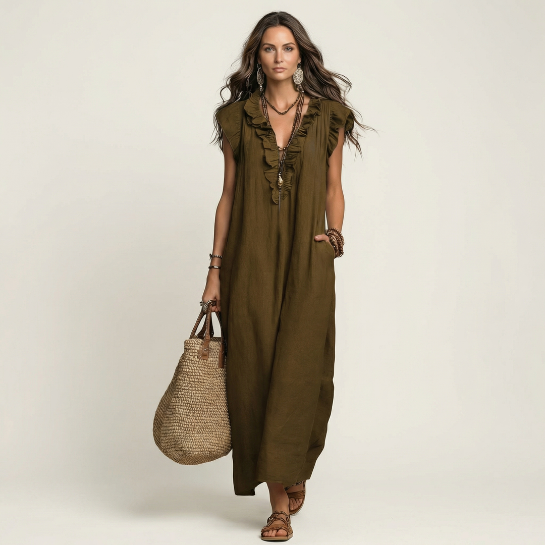 Women's V-neck ruffle maxi dress, an elegant relaxed fit design for summer day and holiday wear.