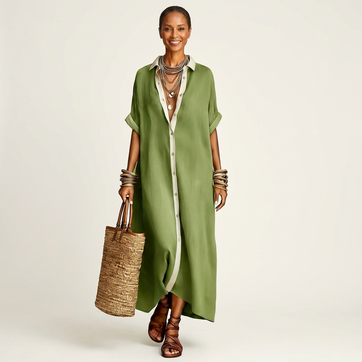 Chic women's long shirt dress, featuring a distinctive contrast collar, short sleeves, and button-front closure.