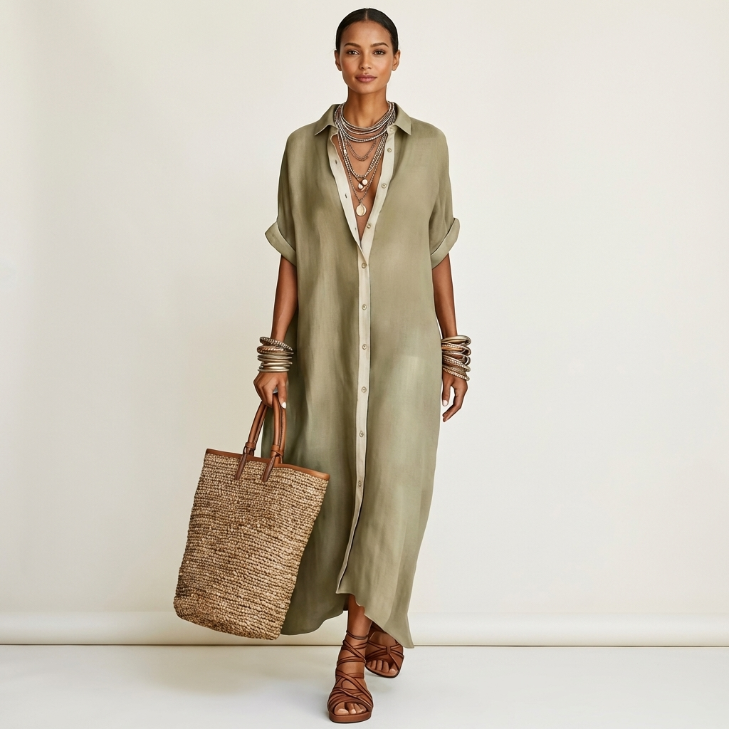 Relaxed fit women's maxi shirt dress with elegant contrast collar & short sleeves. Versatile summer style.
