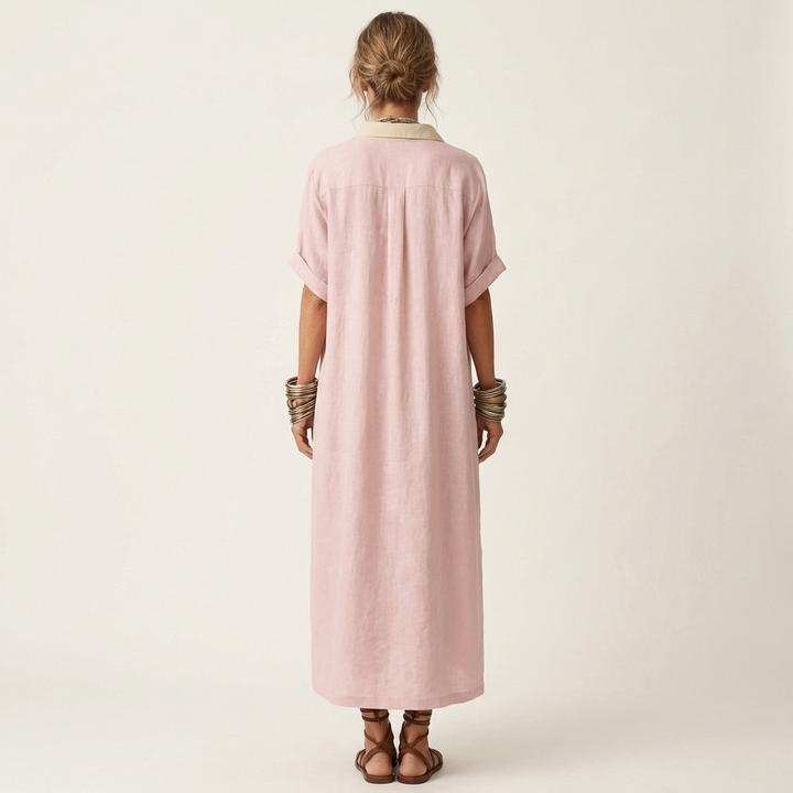 Women's elegant short-sleeve maxi shirt dress with contrast collar and full button front, relaxed fit for summer.
