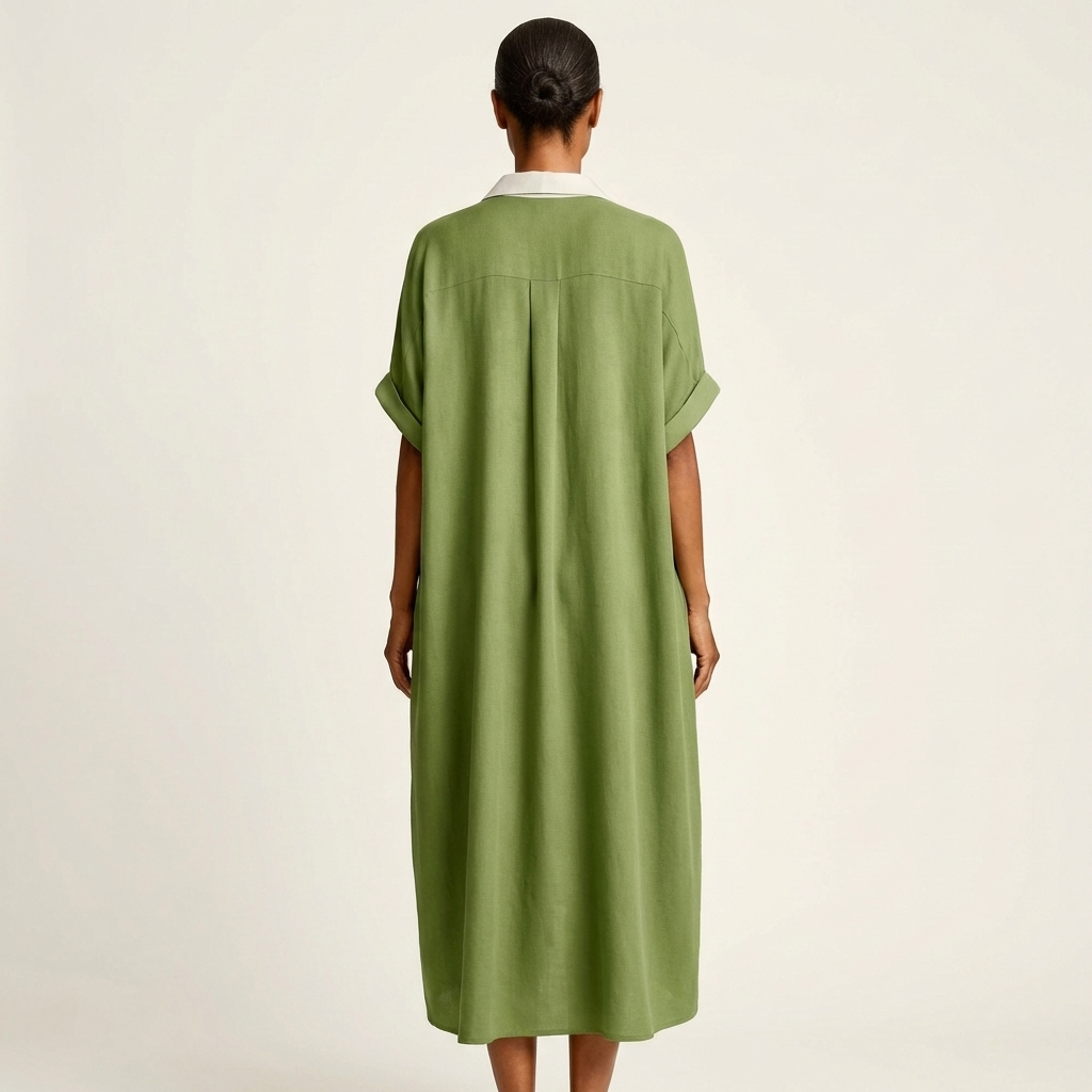 Modern women's summer maxi shirt dress, relaxed fit, with elegant contrast collar and practical button-front.