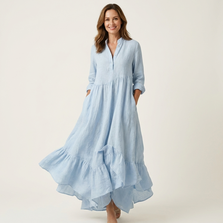 Feminine women's maxi dress with stand collar, button front, and graceful ruffle hem, offering casual elegance.