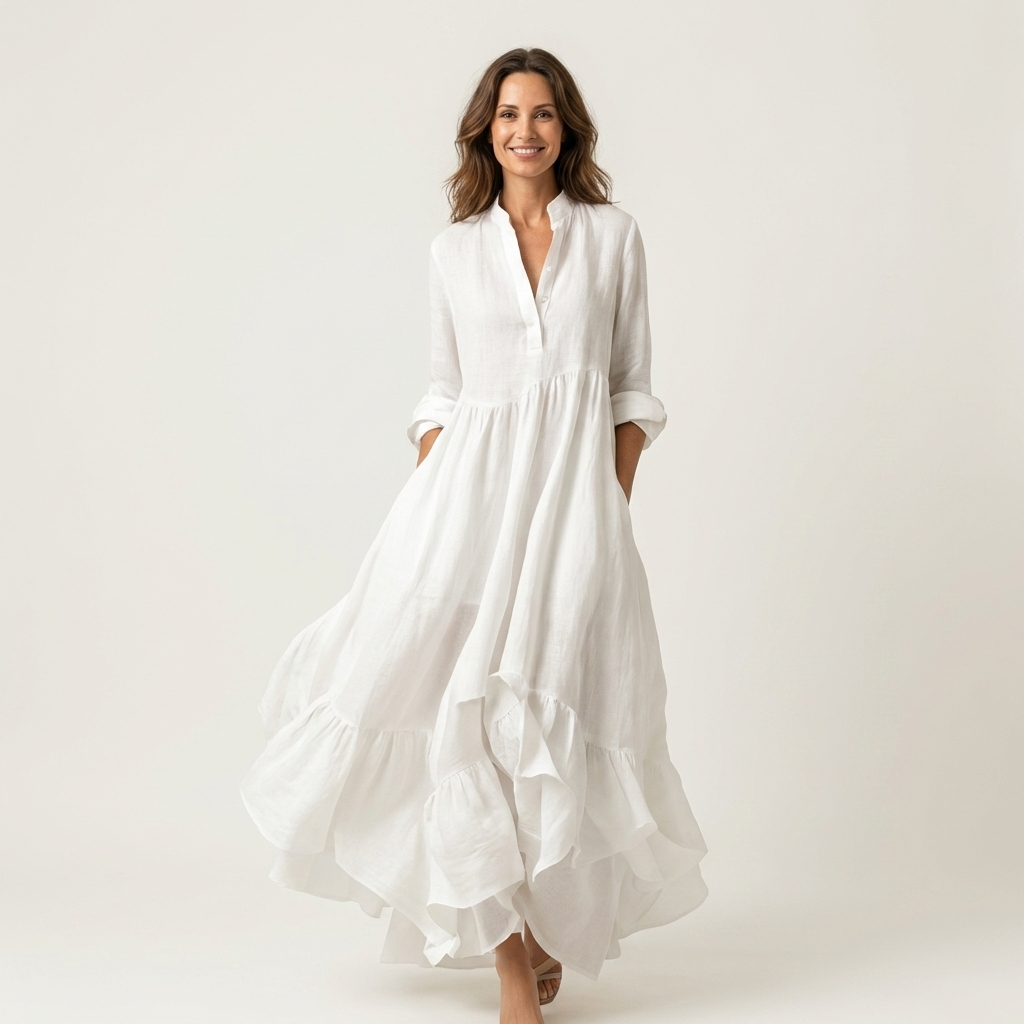 Women's stand-collar ruffle hem maxi dress with button front, perfect for elegant summer casual wear.