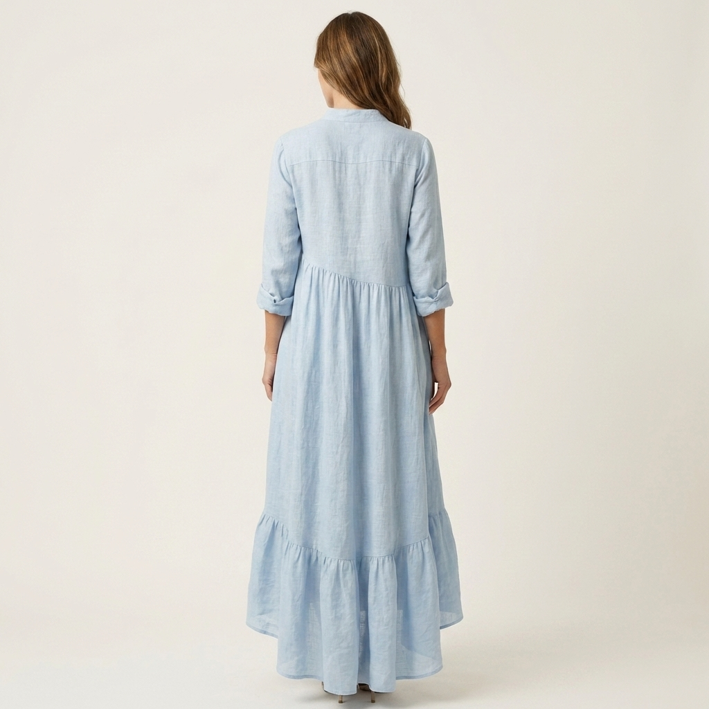 Versatile women's summer maxi dress with stand collar & ruffle hem. Relaxed fit for comfortable, chic fashion.