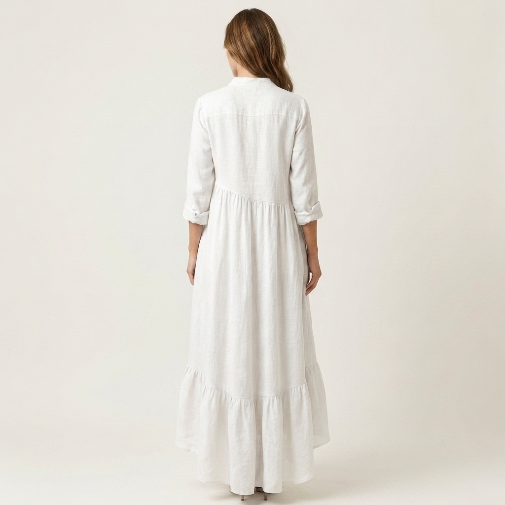 Chic women's long stand-collar dress, featuring a flowy ruffle hem and relaxed fit, ideal for day or warm weather.