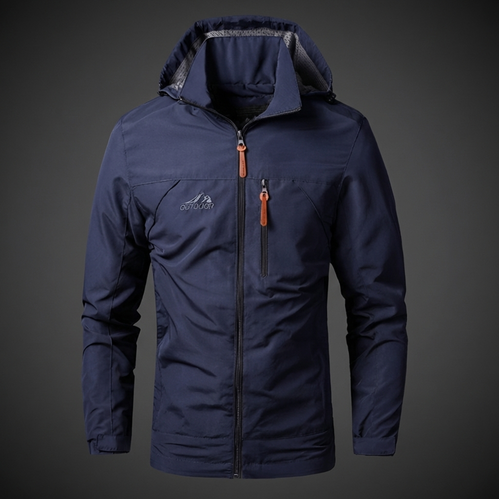New men's lightweight waterproof windbreaker jacket with embroidered details. Stylish for casual outdoor comfort.