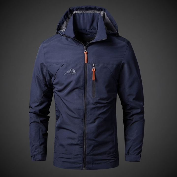 New men's lightweight waterproof windbreaker jacket with embroidered details. Stylish for casual outdoor comfort.