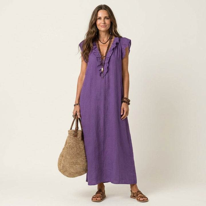 Graceful women's elegant V-neck maxi dress with stylish ruffles, perfect for summer casual outings.