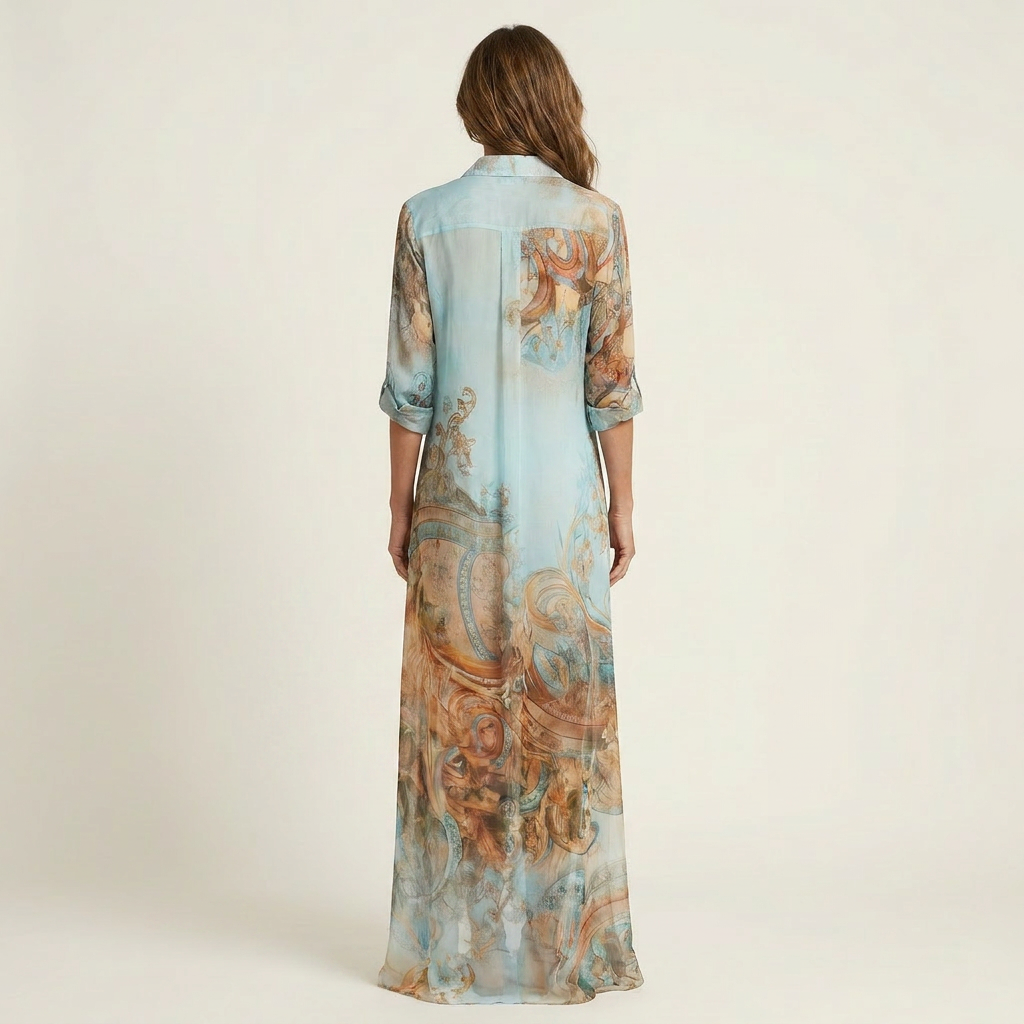 Stylish women's printed maxi dress with an intricate baroque pattern, perfect for elegant events & resort wear.