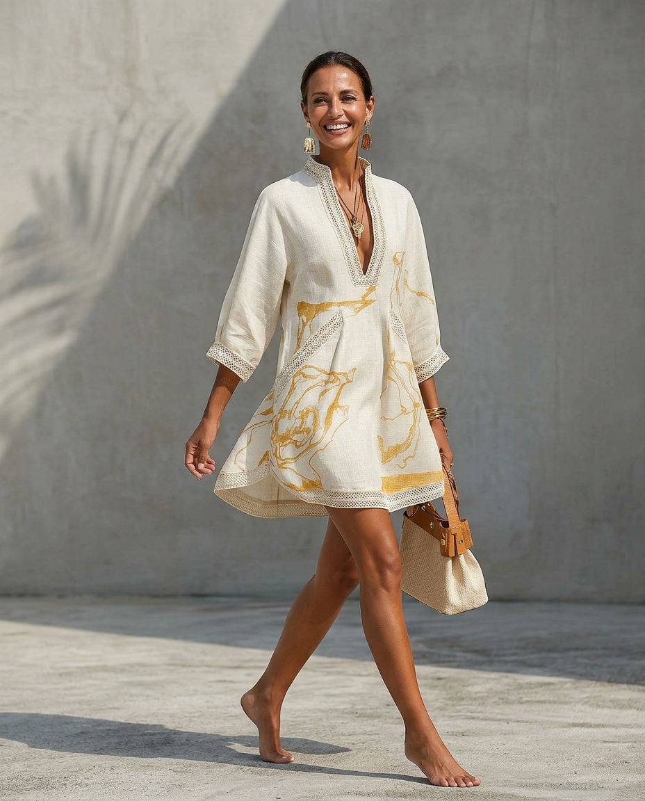 Women's V-neck mini dress with delicate lace trim. Elegant, flattering, and perfect for summer.