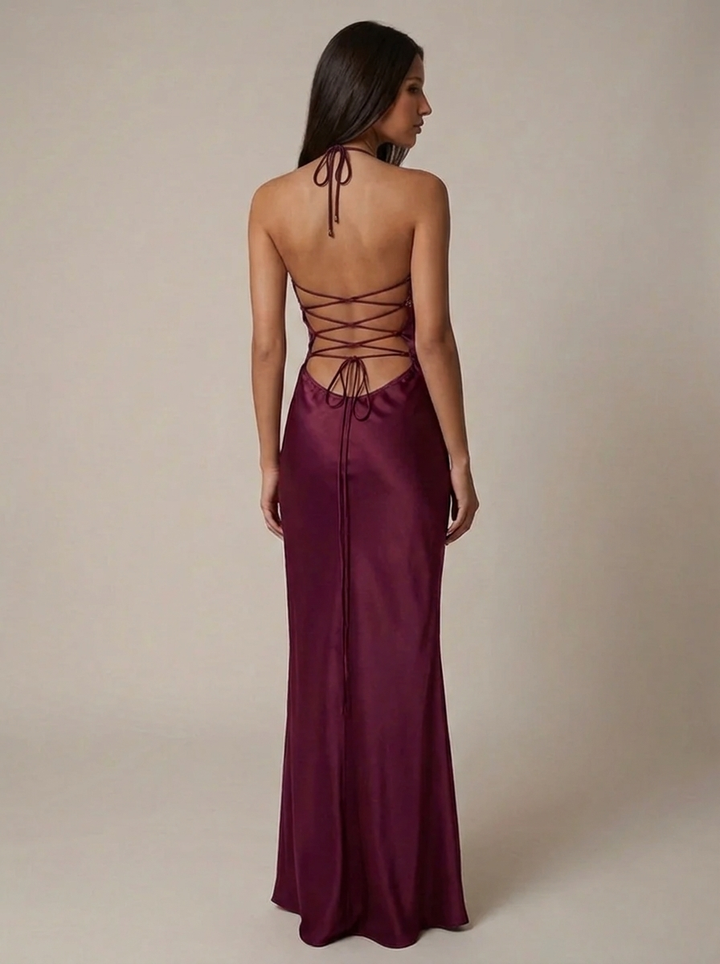 Women's elegant halter neck maxi dress, a beautiful formal gown with pearl beading & lace-up back.