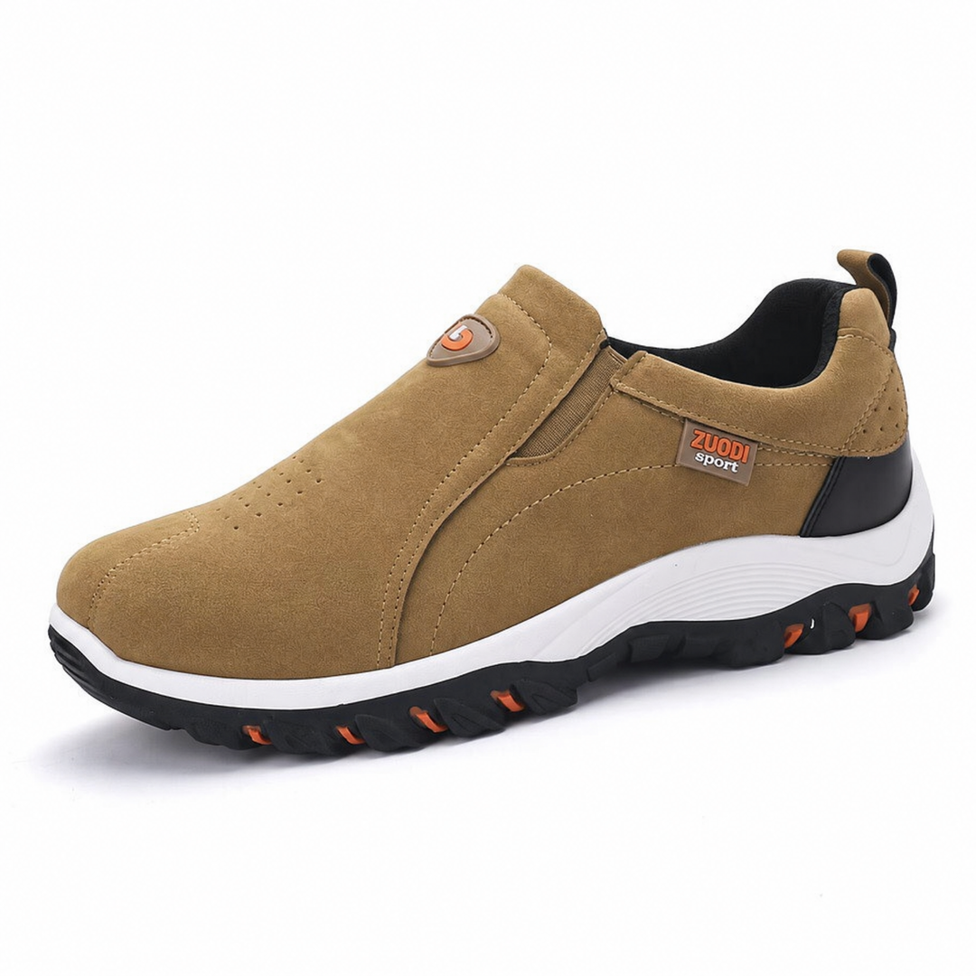 Green men's athletic slip-on sneakers, providing lightweight comfort and effortless style for walking.