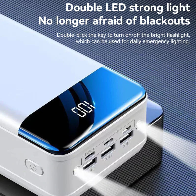 "High capacity portable power bank, sleek black design, for charging phones, tablets, and laptops on the go efficiently."
