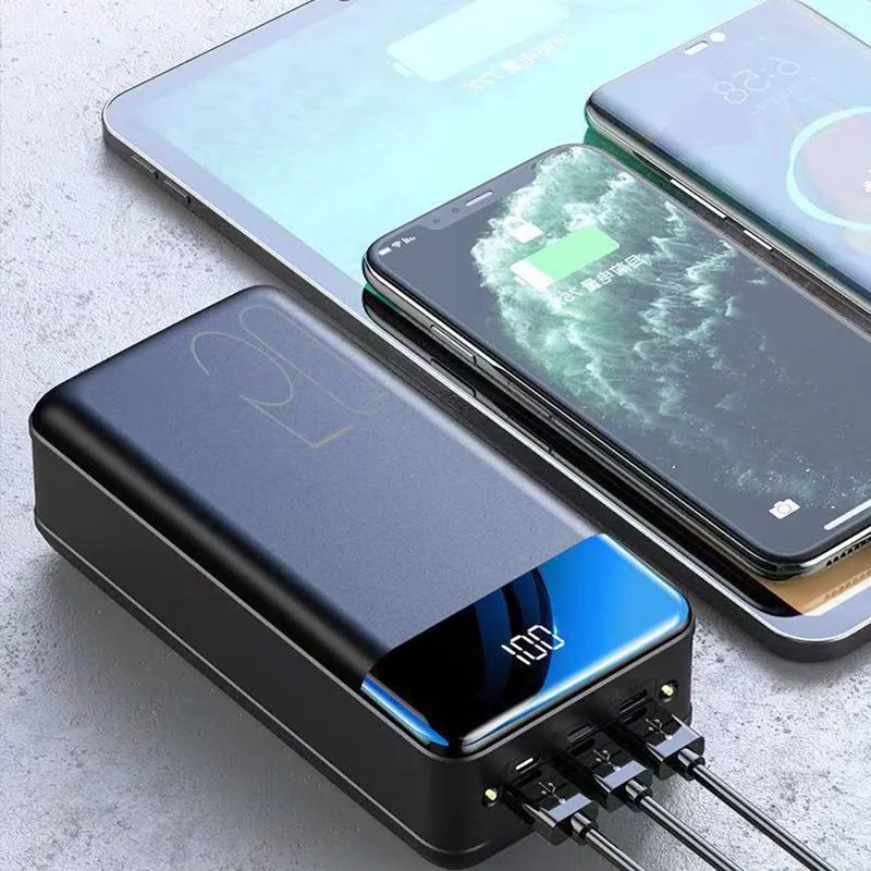 "High capacity portable power bank, sleek black design, for charging phones, tablets, and laptops on the go efficiently."
