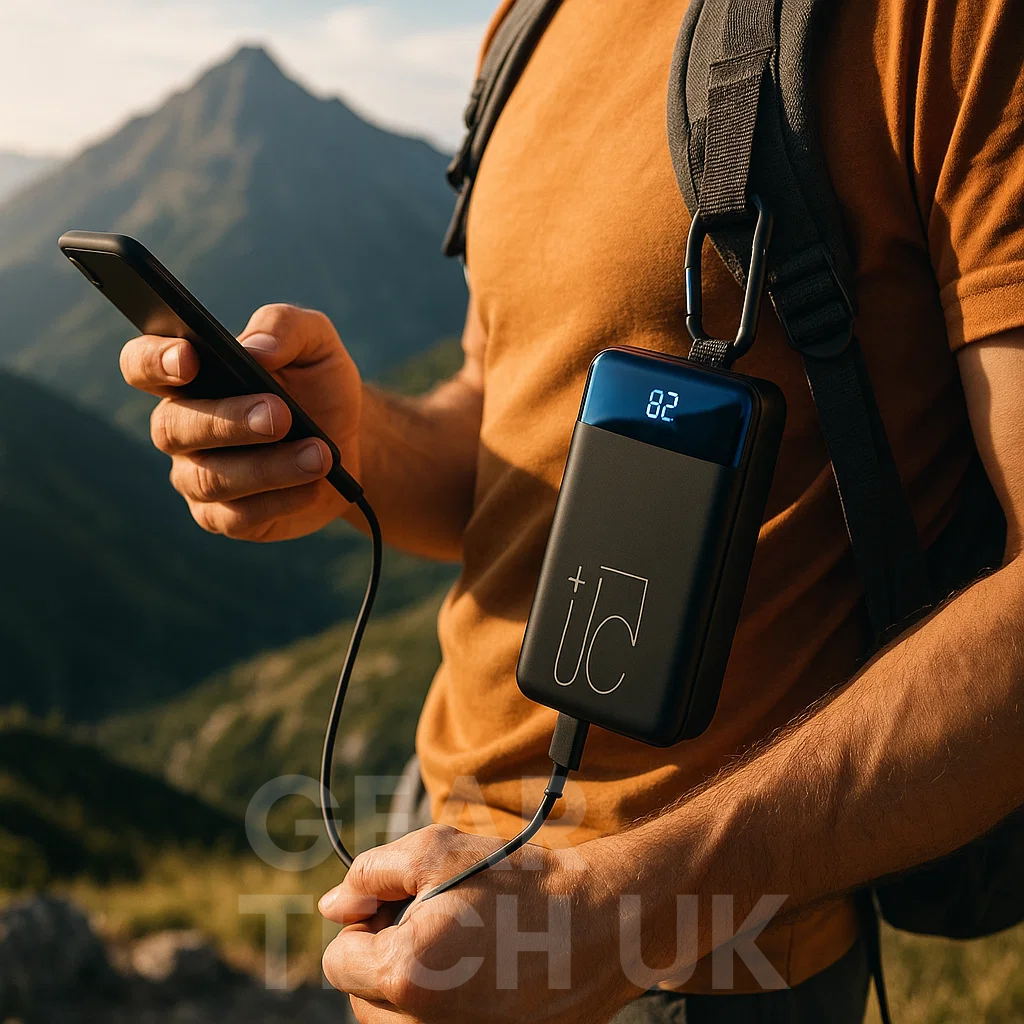 "High capacity portable power bank, sleek black design, for charging phones, tablets, and laptops on the go efficiently."