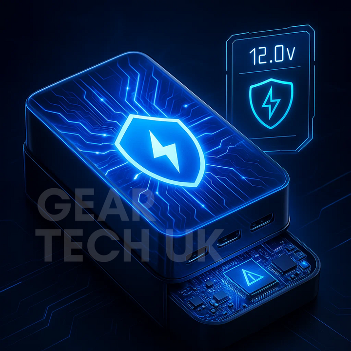 "High capacity portable power bank, sleek black design, for charging phones, tablets, and laptops on the go efficiently."