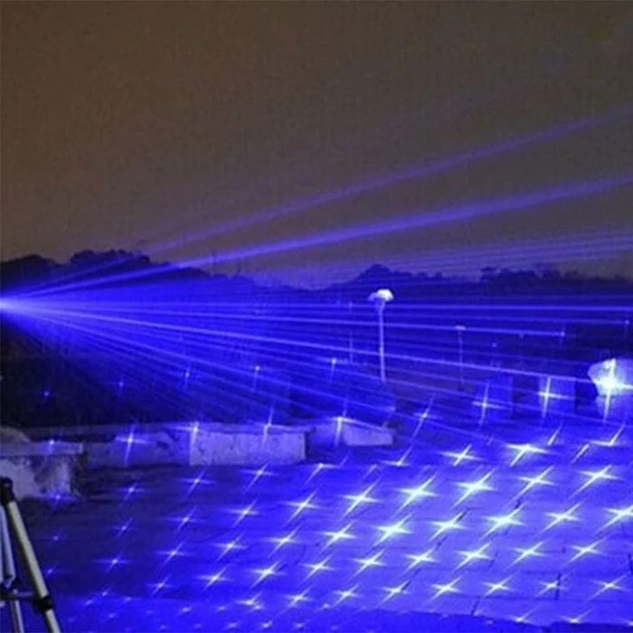 High-intensity waterproof laser torch, blue beam, ideal for outdoor, camping, and hiking, front view, light up the night.