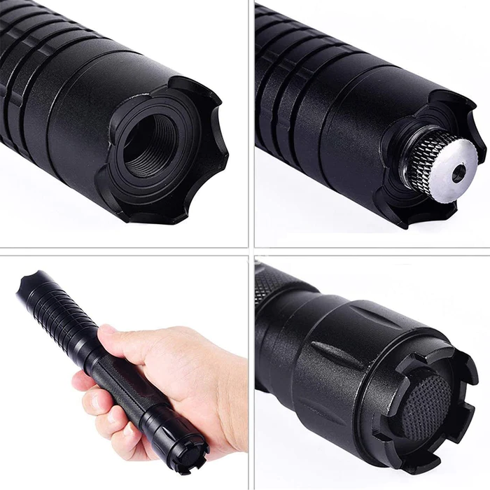 High-intensity waterproof laser torch, blue beam, ideal for outdoor, camping, and hiking, front view, light up the night.