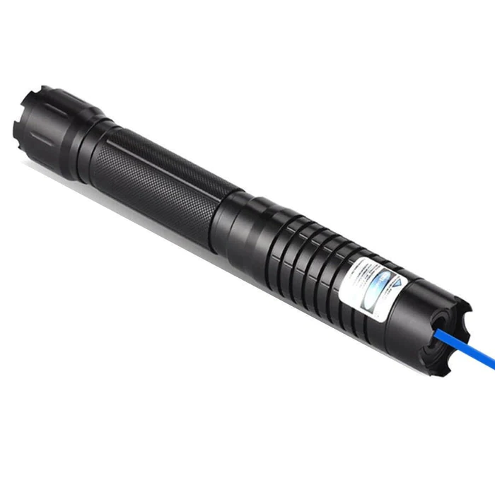 High-intensity waterproof laser torch, blue beam, ideal for outdoor, camping, and hiking, front view, light up the night.