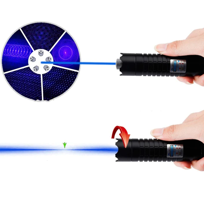 High-intensity waterproof laser torch, blue beam, ideal for outdoor, camping, and hiking, front view, light up the night.
