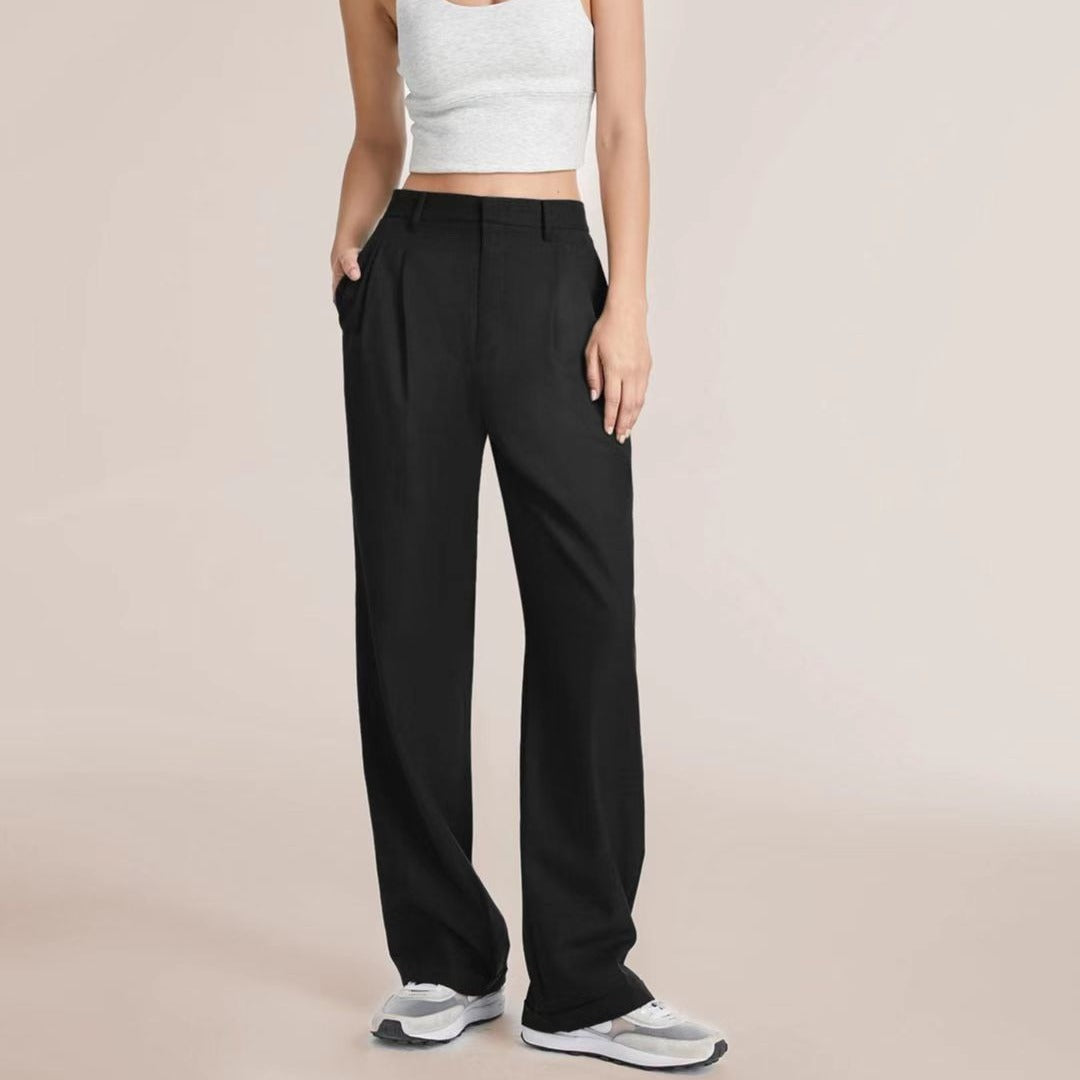 High waist, wide-leg women's trousers, tailored fit, full length, soft fabric, elegant drape, professional and casual wear.