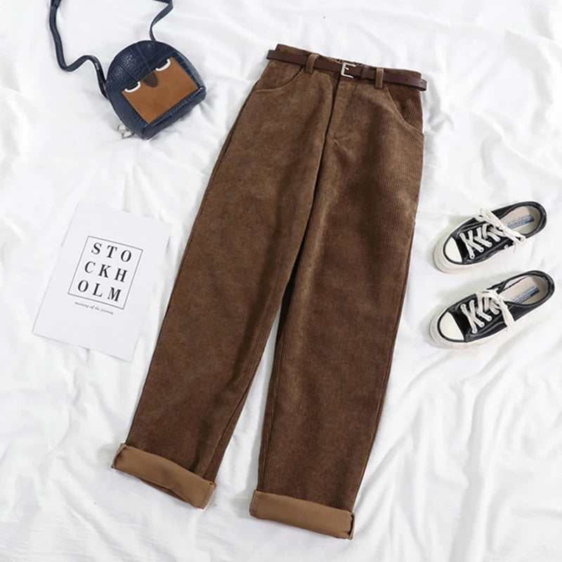 Stylish women's high-waisted corduroy pants, available in brown/black, a comfortable choice for fall/winter fashion.