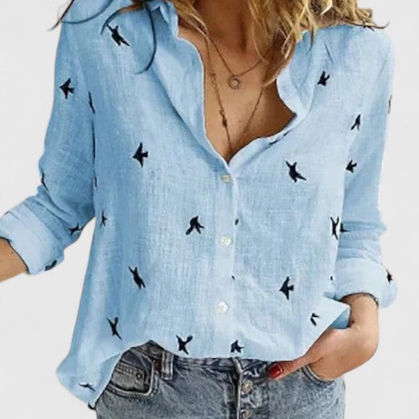 Professional women's button-down blouse, lapel collar, long sleeve, perfect for work and office.