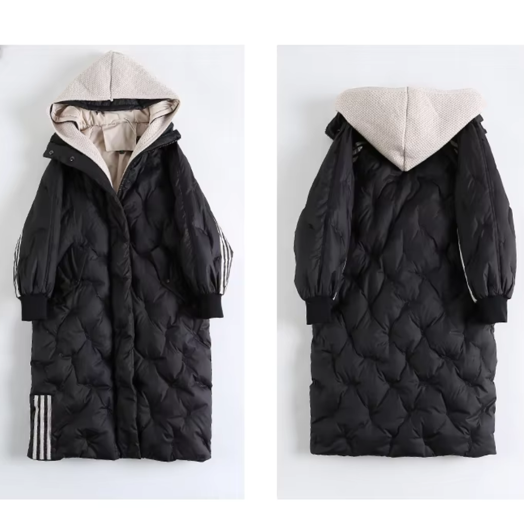 Warm & stylish women's hooded winter puffer jacket. Elegant cold weather outerwear.