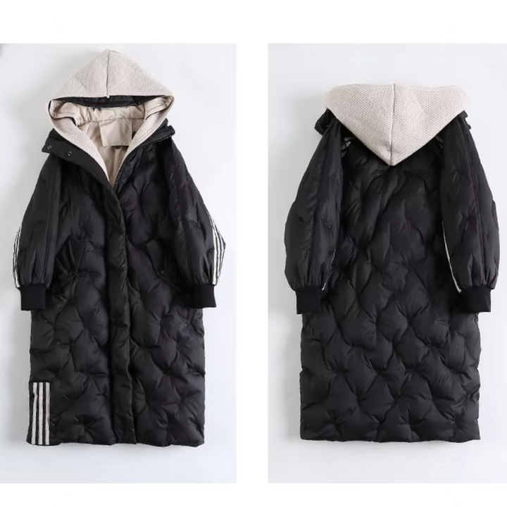 Warm & stylish women's hooded winter puffer jacket. Elegant cold weather outerwear.