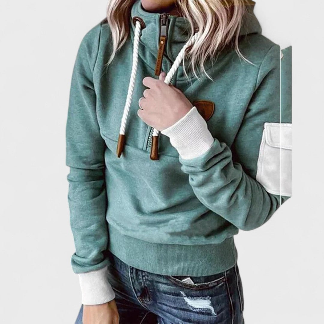 Green women's soft knit jumper with modern zip neck. Ideal for spring fashion & comfortable everyday wear.