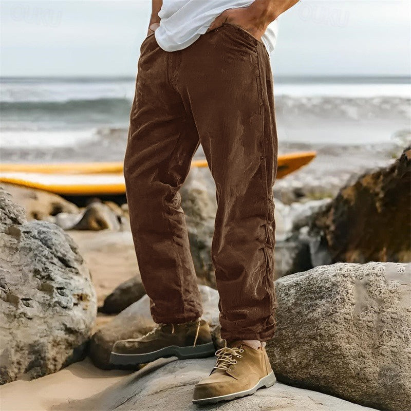 Brown men's textured straight leg pants, offering a comfortable, modern style for versatile smart casual fashion.