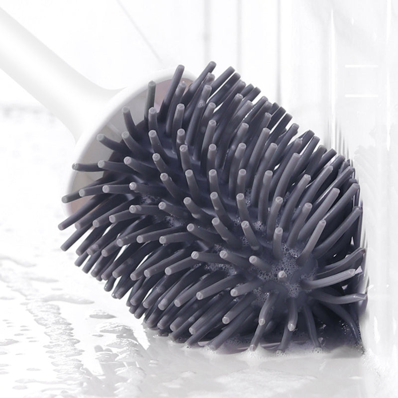 "Hygienic silicone toilet brush with holder, non-scratch bristles, white handle, wall-mounted and floor-standing options."