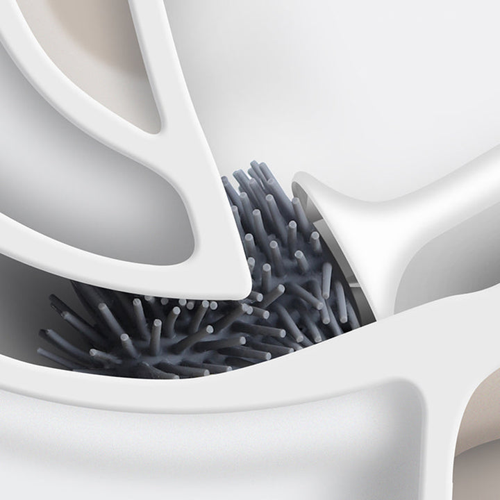 "Hygienic silicone toilet brush with holder, non-scratch bristles, white handle, wall-mounted and floor-standing options."