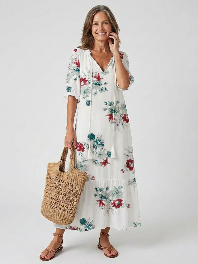 Elegant women's floral V-neck short sleeve midi dress for casual spring and summer outings. Comfortable & stylish.